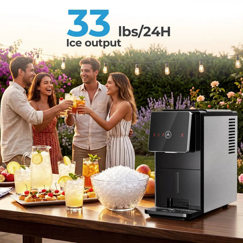 Slick Countertop Nugget Ice Maker With Self Dispensing Tray Drops Thirty Three Pounds Of Fresh Chewy Ice Daily Ready In Ten Minutes, shown at a backyard gathering.