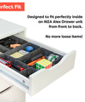Open drawer with Ikea Alex Drawer Organizer Set 10 Piece Modular Felt Trays, dark finish, holding office supplies neatly.