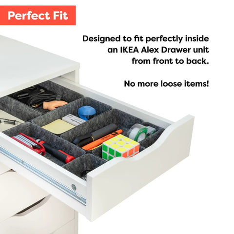 Open drawer with Ikea Alex Drawer Organizer Set 10 Piece Modular Felt Trays, dark finish, holding office supplies neatly.