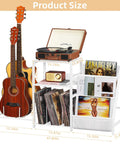 Retro Vinyl Record Player Stand With Adjustable Guitar Holder For Acoustic Or Electric Bass, Huge 150 Album Storage Space, Side Table With Magazine Rack And White Turntable Platform, Cool Vintage Shelf, showing dimensions and setup with albums, guitar, and turntable.