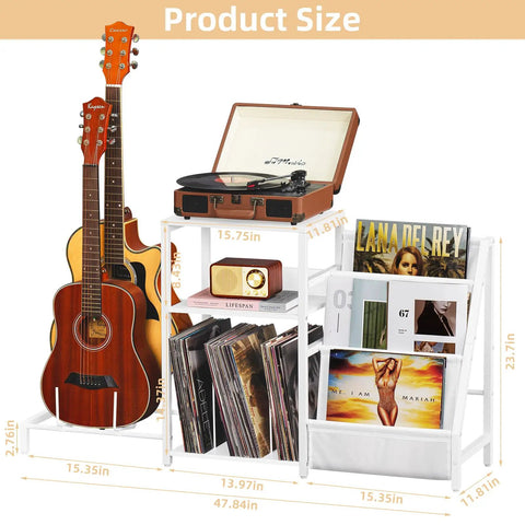 Retro Vinyl Record Player Stand With Adjustable Guitar Holder For Acoustic Or Electric Bass, Huge 150 Album Storage Space, Side Table With Magazine Rack And White Turntable Platform, Cool Vintage Shelf, showing dimensions and setup with albums, guitar, and turntable.