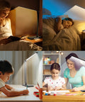 Four scenes showing Wireless Charging Desk Lamp With Night Light No Fuss 10W Fast Charge USB Port 10 Brightness Levels and 5 Color Modes.