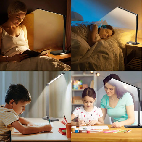 Four scenes showing Wireless Charging Desk Lamp With Night Light No Fuss 10W Fast Charge USB Port 10 Brightness Levels and 5 Color Modes.