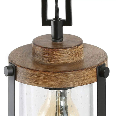 Close-up of Farmhouse Pendant Lighting For Kitchen Island With Faux Wood Metal Frame And Bubbled Glass Shade For A Cozy Rustic Vibe Ceiling Fixture In Dining Room And Hallway
