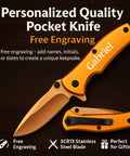 Custom Titanium Coated Stainless Steel Pocket Knife With Free Engraving Orange 2.75 Inch Satin Blade Displayed Open and Closed