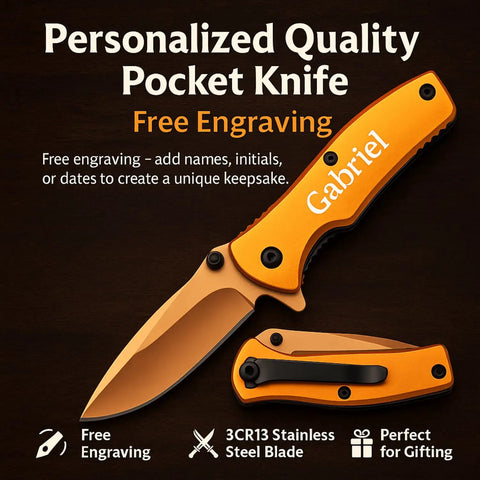 Custom Titanium Coated Stainless Steel Pocket Knife With Free Engraving Orange 2.75 Inch Satin Blade Displayed Open and Closed