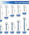 All In One Pocket Hole Screws Set For DIY Woodworking, 840Pcs, Blue And Zinc Coated with 150mm Bit and various sizes shown