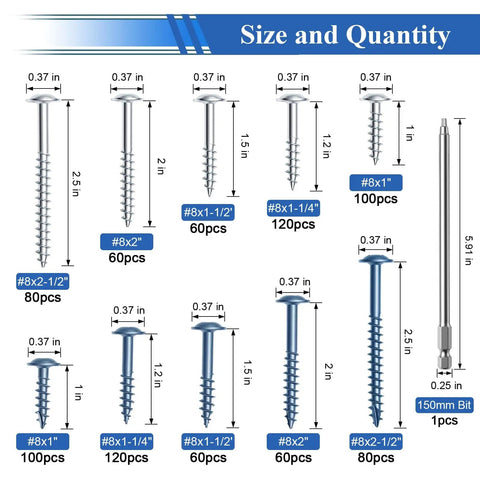 All In One Pocket Hole Screws Set For DIY Woodworking, 840Pcs, Blue And Zinc Coated with 150mm Bit and various sizes shown