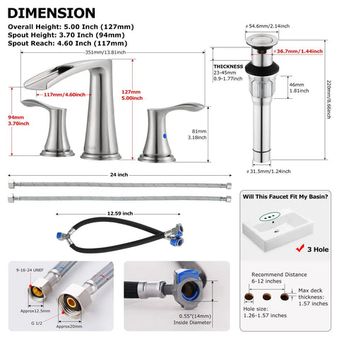Waterfall Widespread Bathroom Faucet With Two Handles Matte Black Finish, Metal Pop Up Drain And Faucet Supply Lines, cUPC Certified, Demeter 1431804 No Brainer Setup dimensions illustration.