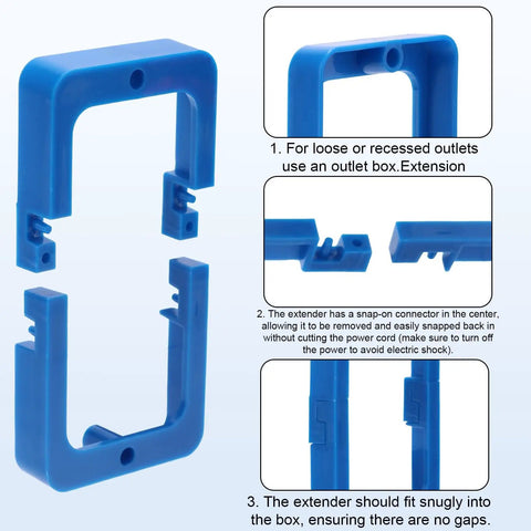Half Inch Electrical Box Extenders For Single Gang Switches And Receptacles With Screws No Brainer Install For Universal Fit For PVC Metal And Fiberglass Boxes Blue Durable ABS Construction For Easy Install And Flush Look, shown with installation steps and side view.