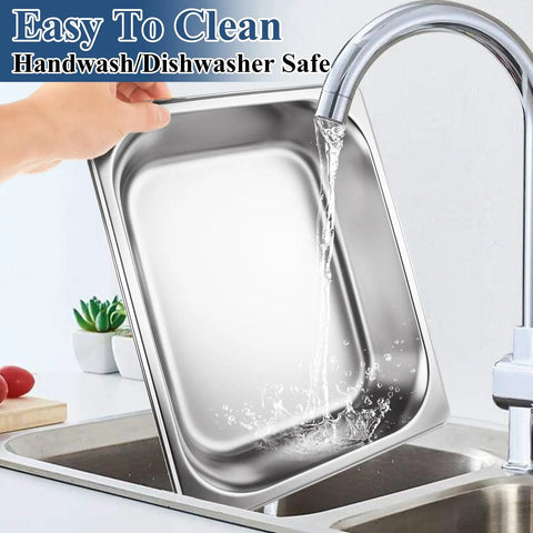 Washing a Six Pack Half Size Stainless Steel Hotel Pan 13 X 10.6 X 2.56 Inch 4.3 Quart Capacity Durable 201 Stainless Easy To Clean