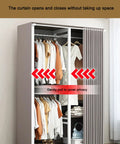Slick Heavy Duty Walk In Closet Organizer Island With Durable Fabric Enclosure Cover and Three Robust Hanging Rails For Massive Wardrobe Upgrades and Zero Hassle Assembly In Black, featuring open curtain for convenience.