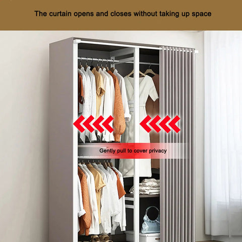 Slick Heavy Duty Walk In Closet Organizer Island With Durable Fabric Enclosure Cover and Three Robust Hanging Rails For Massive Wardrobe Upgrades and Zero Hassle Assembly In Black, featuring open curtain for convenience.