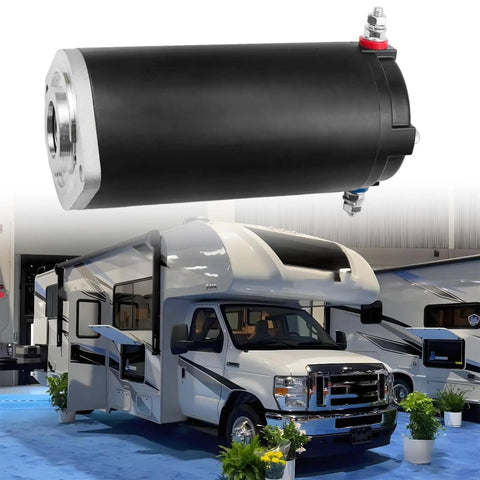 Hydraulic Pump Motor Replacement For RV Leveling System Unidirectional Power Unit 7.5 Inch With RV in Background