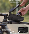 Waterproof Bike Frame Bag With 1.6L Capacity Front Phone Holder And Touchscreen Window Rain Cover Cycling Pouch For 7 Inch Phones Easy Access Bike Accessory For Commuting Or Trail Rides On The Go, shown mounted on a bicycle with double zippers and earphone port.