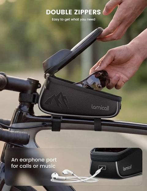Waterproof Bike Frame Bag With 1.6L Capacity Front Phone Holder And Touchscreen Window Rain Cover Cycling Pouch For 7 Inch Phones Easy Access Bike Accessory For Commuting Or Trail Rides On The Go, shown mounted on a bicycle with double zippers and earphone port.