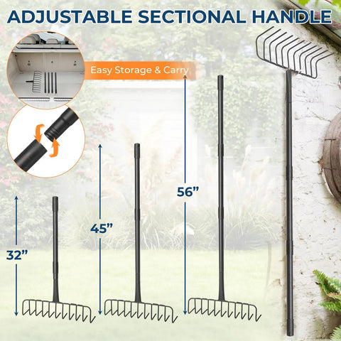 Heavy Duty 16 Inch Metal Garden Rake With 56 Inch Handle And 11 Steel Tines For Thatch Removal And Tough Yard Debris Cleanup Leaves Pine Needles Moss Mulch Yard Work adjustable handle view