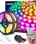 DreamColor 50ft LED Strip Lights With Remote, Rainbow Chasing Colors in box with remote and power accessories shown