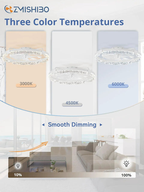 Three color temperatures for the 24 Inch Ceiling Fan With LED Lights And Smart App Remote Flush Mount Design.