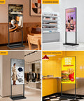55 Inch 4K Indoor Floor Stand Digital Signage With 1000 Nits Brightness And No Fuss Rolling Base For Quick Retail Setup Android Smart Advertising Display With Wifi Plug Play Flexibility in coffee shop and clothing store settings.