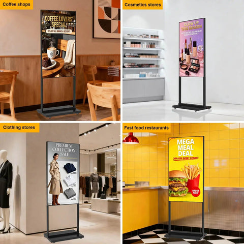 55 Inch 4K Indoor Floor Stand Digital Signage With 1000 Nits Brightness And No Fuss Rolling Base For Quick Retail Setup Android Smart Advertising Display With Wifi Plug Play Flexibility in coffee shop and clothing store settings.