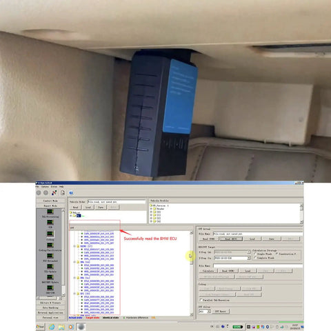 BMW OBD2 WiFi Diagnostic And Coding Adapter in use with diagnostic software on screen