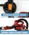 Top view of handheld drywall sander and side view of foldable handle drywall sander on white background.