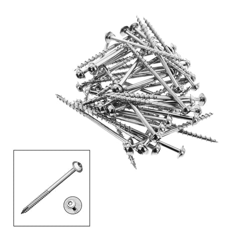Pile of zinc-coated Wood Pocket Hole Screws For Indoor Use Size Seven By Two And A Half Inch Washer Head Coarse Thread Torx Drive