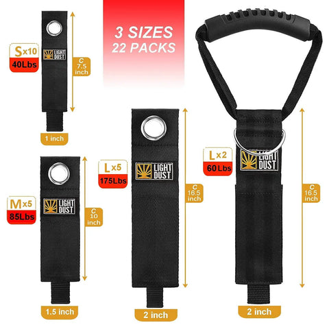 Heavy Duty Cord Wrap Straps Kit For Garage Organization And Tool Storage 22 Piece Set showing 3 sizes with handles and hooks
