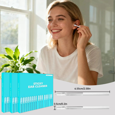Woman using Sticky Ear Wax Remover Sticks For Gentle Cleanout Reusable Ear Picks Kit For Kids And Adults Portable Home Ear Wax Cleaning Supplies Skin Friendly Tips No Fuss No Scratch 3 Boxes 72 Pcs Total