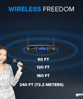 Woman holding mic next to Dual UHF Wireless Handheld Microphone System with Two Mics, 240 ft range display, for various events.