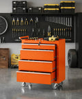 Heavy Duty Steel Rolling Tool Chest Bad Boy With Lockable Caster Wheels And Slick Ball Bearing Drawers Hella Tough Portable Storage Cabinet For Garage Workshop In Bright Orange standing in workshop.