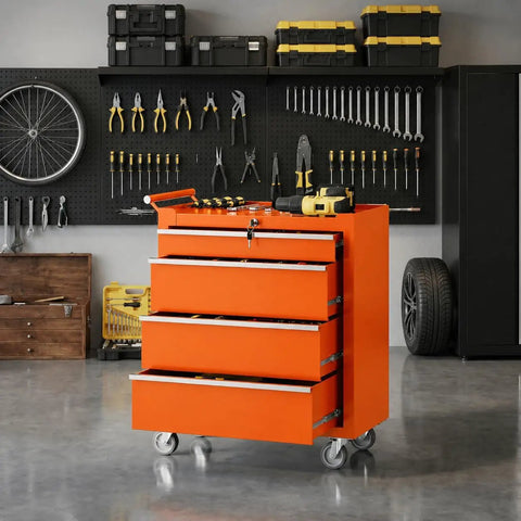 Heavy Duty Steel Rolling Tool Chest Bad Boy With Lockable Caster Wheels And Slick Ball Bearing Drawers Hella Tough Portable Storage Cabinet For Garage Workshop In Bright Orange standing in workshop.