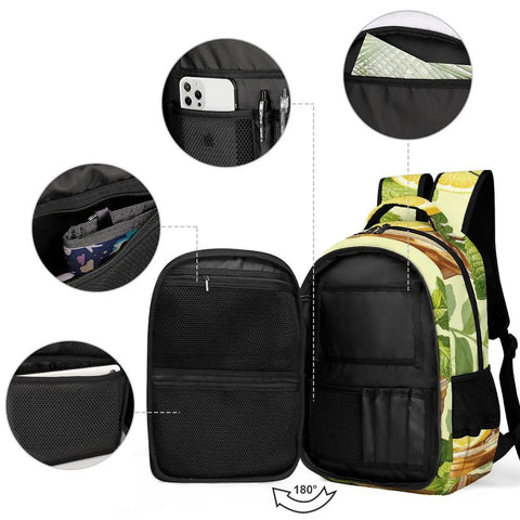 Lemon Americano Printed Unisex Backpack with large compartments open, durable polyester fabric, ideal for school and travel use