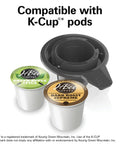 K-Cup pods compatible with Commercial Single Serve Coffee Maker for Hospitality that brews up to 10 oz, shown with pods and holder.