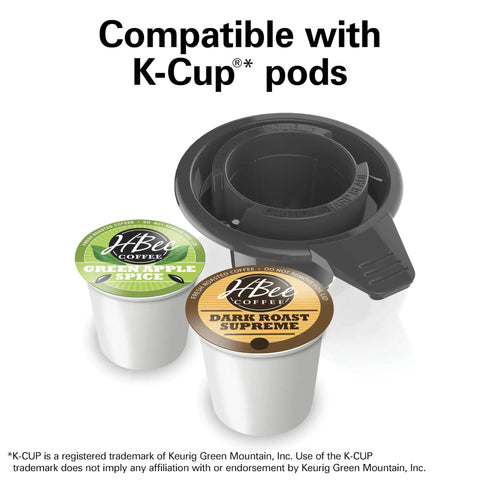 K-Cup pods compatible with Commercial Single Serve Coffee Maker for Hospitality that brews up to 10 oz, shown with pods and holder.