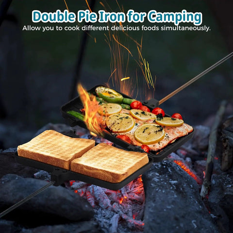 Oukens Non Stick Cast Iron Double Pie Iron Portable Campfire Press With Removable Handles For Grill Stove Mountain Cooking Adventure Gear cooking sandwiches and vegetables over campfire