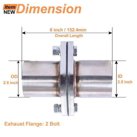 Two Point Five Inch Exhaust Flange Repair Pipe Kit With 2 Bolt Stainless Steel Plug And Play Quick Fix Gasket Bolt And Hardware 63mm ID To Two Point Five Inch OD Universal Fit For Cars Trucks Buses And Heavy Duty Exhaust Systems, shown with dimensions.