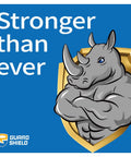 Illustration of a strong rhino with shield, text 'Stronger than ever' beside the image
