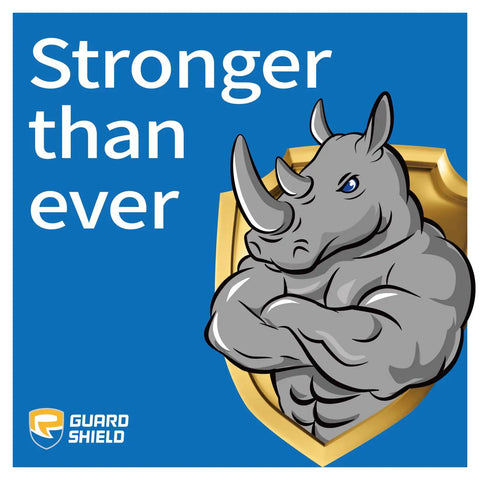 Illustration of a strong rhino with shield and text 'Stronger than ever' representing durability and protection.