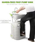 No Sweat 12 Gallon Heavy Duty Portable Hand Washing Station With Reliable Manual Pump and Drain Hose, hands-free foot pump in use.
