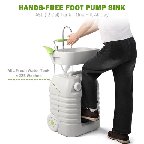 No Sweat 12 Gallon Heavy Duty Portable Hand Washing Station With Reliable Manual Pump and Drain Hose, hands-free foot pump in use.