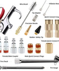 19 Piece Air Compressor Accessories Kit With 25 Ft Hybrid Hose Three Eighths Inch And One Quarter Inch NPT Quick Connect Fittings Includes Air Blow Gun Tire Gauge Wire Brush And Cleaning Tools Must Have For Your Home Shop components displayed