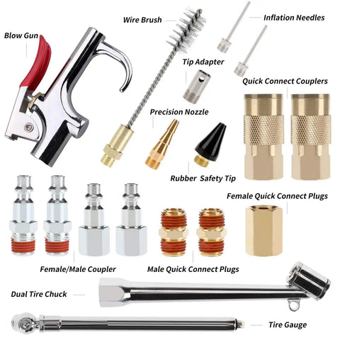 19 Piece Air Compressor Accessories Kit With 25 Ft Hybrid Hose Three Eighths Inch And One Quarter Inch NPT Quick Connect Fittings Includes Air Blow Gun Tire Gauge Wire Brush And Cleaning Tools Must Have For Your Home Shop components displayed