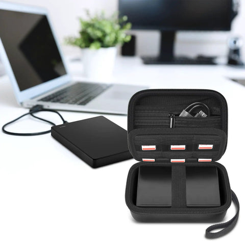 Rugged 2.5 Inch External Hard Drive Case Organizer Box Fits Seagate WD Elements Toshiba Canvio UnionSine Portable HDDs 1TB To 4TB SD Card And USB Drive Holder Box Only, open view showing compartments on desk near laptop