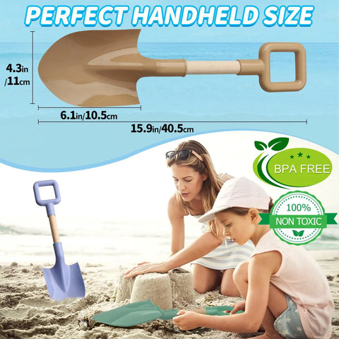 16 Inch Beach Sand Shovels For Kids Go To Garden Tool Kit With A Sturdy Long Wooden Spade For Sand Snow Digging ABS Plastic Scoops Avocado Colors Gift For Summer Winter Camping Backyard Planting 3 Pack with kids at beach building sandcastle