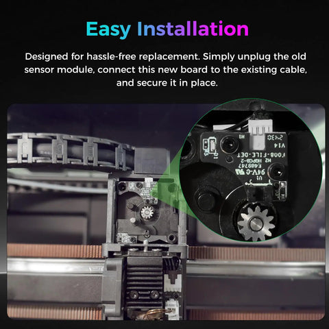 K2 Pro And K2 Plus Filament Detection Board For 3D Printers, Photoelectric Filament Break Sensor Replacement, Runout Sensor That Saves Filament, Compatible With K2 K2 Pro And K2 Plus Models, Easy Direct Install Part. Easy installation close-up on 3D printer extruder board.