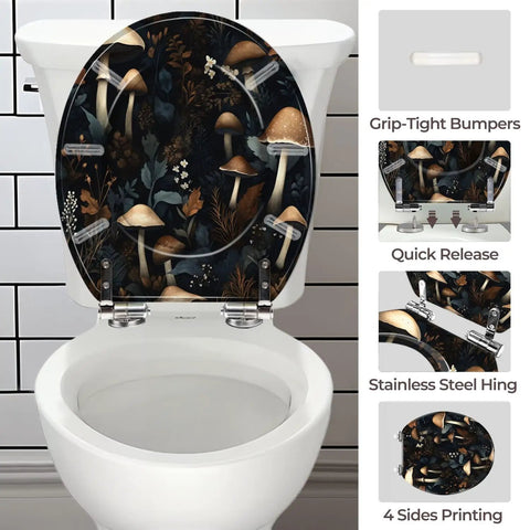 Vintage Resin Toilet Seat for Bathroom with mushroom pattern, grip-tight bumpers, and stainless steel hinges on a white toilet.