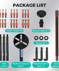 Bonvoisin 33-in-1 bearing puller set, front view with copper collets, pull rods, spacers, disc and 3-jaw puller