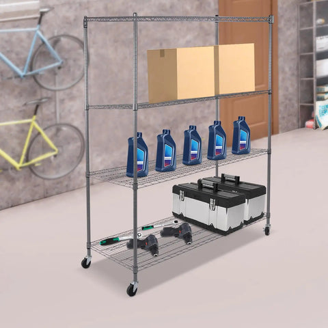 Heavy Duty 4 Tier Wire Shelving Rack Smooth Operator Design Adjusts in Seconds with tools, boxes and oil bottles in garage setting.